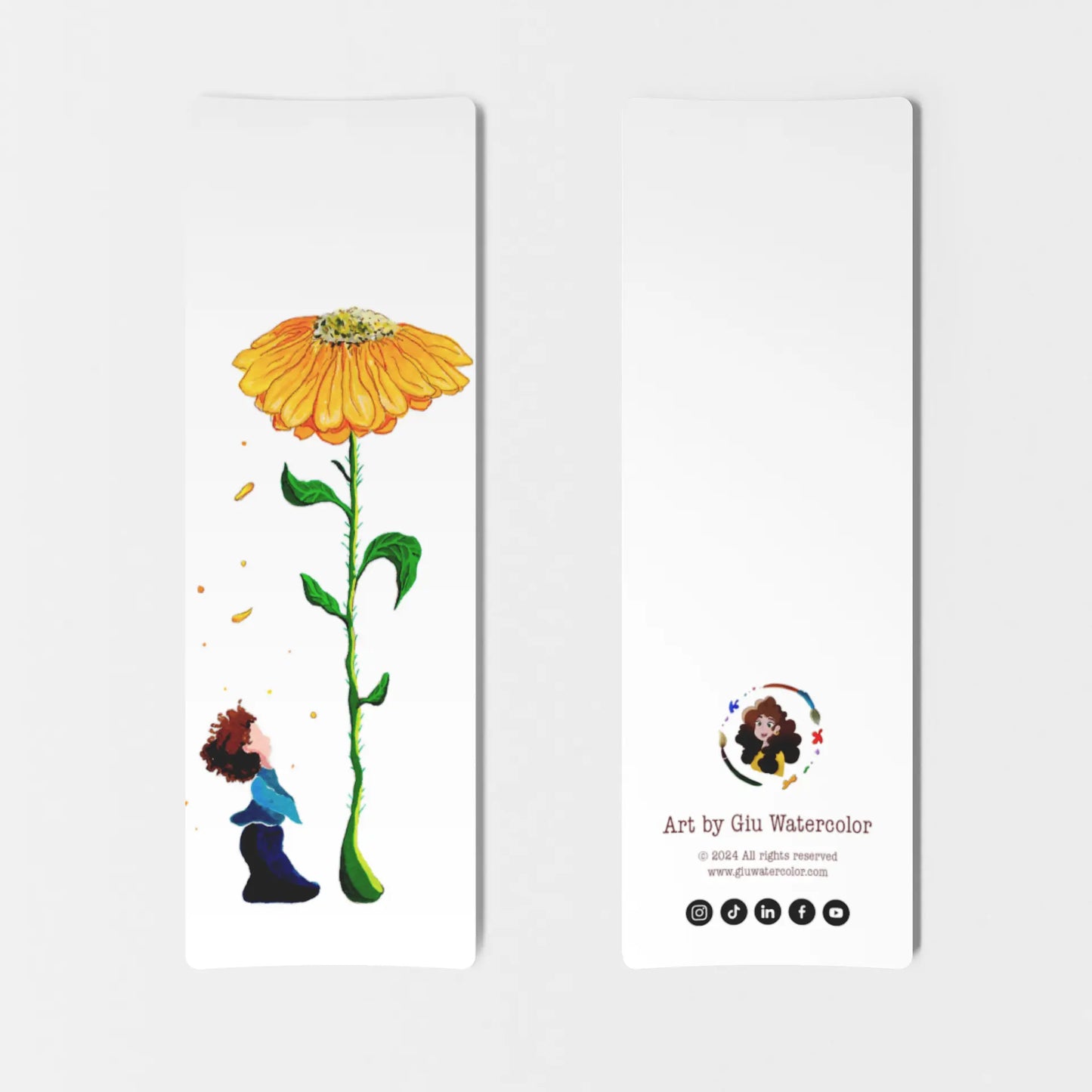 Watercolor bookmark showing a small figure admiring a tall yellow flower — poetic artwork by Giulia Giampaolo.