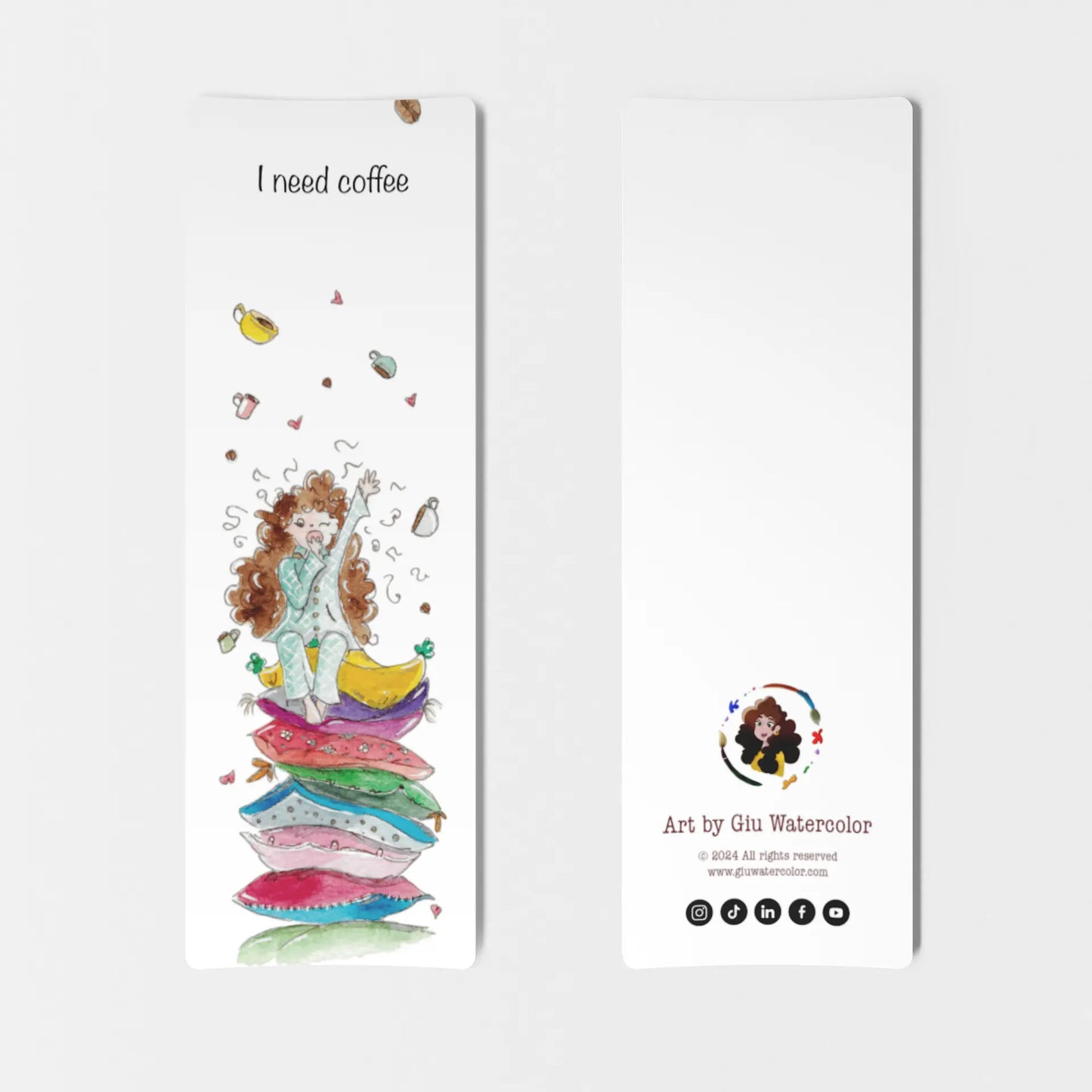 Watercolor bookmark inspired by Japanese umbrellas and cranes — refined blue and beige art by Giulia Giampaolo.