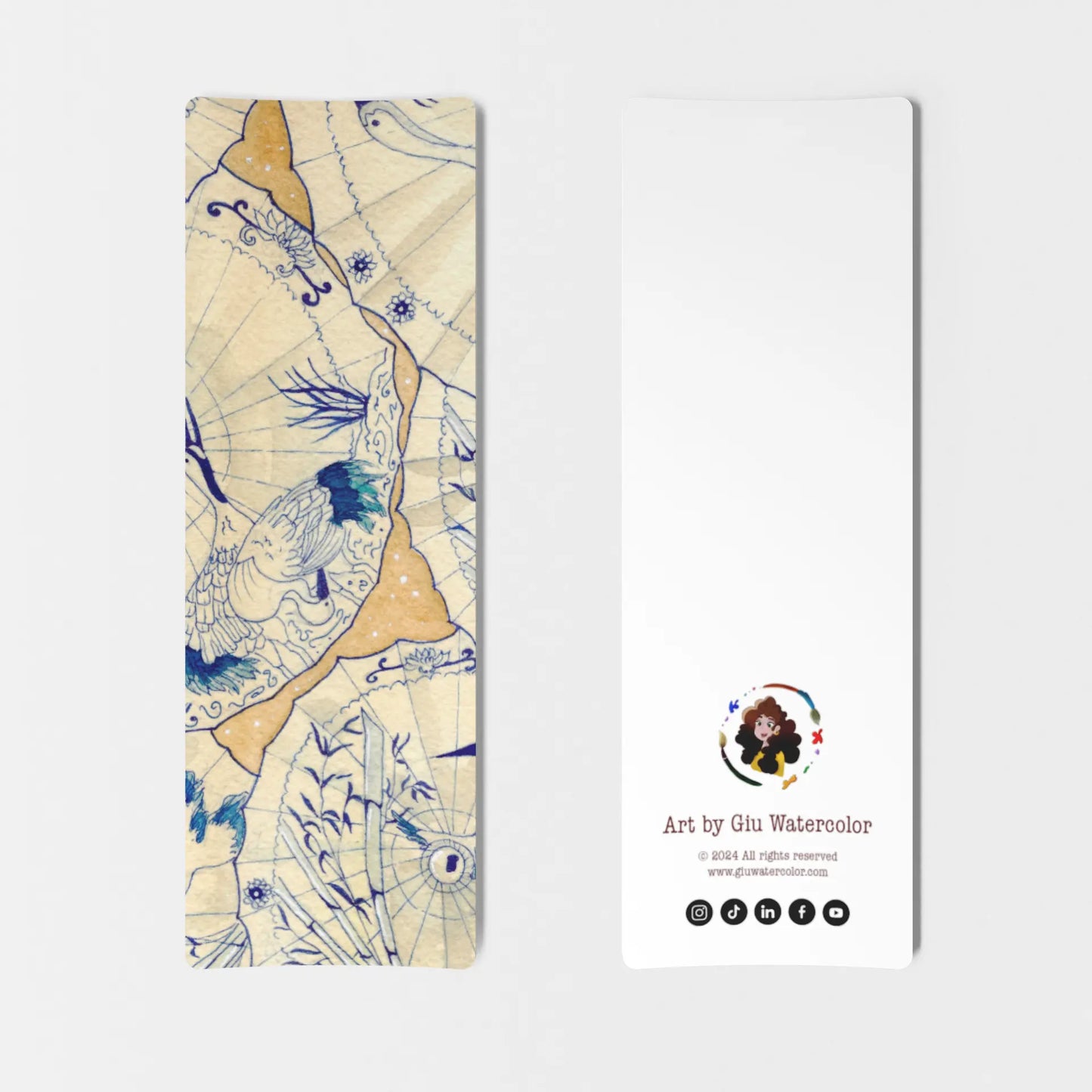 Watercolor bookmark inspired by Japanese umbrellas and cranes — refined blue and beige art by Giulia Giampaolo.
