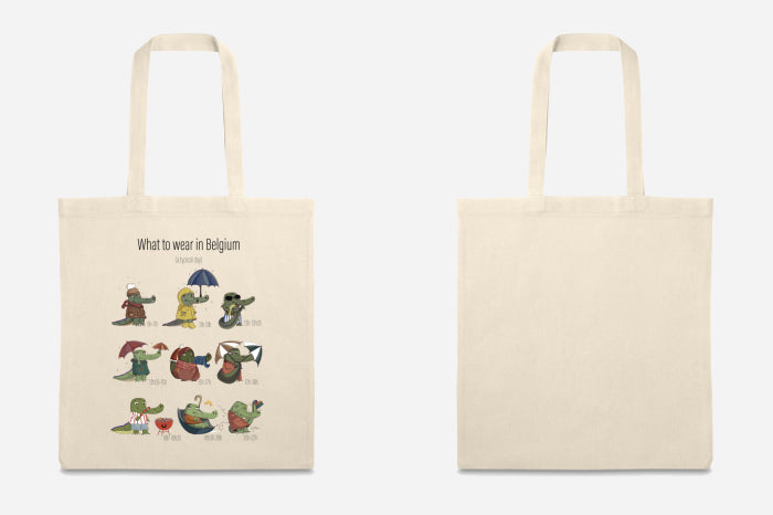 Flat lay of the What to Wear in Belgium tote bag showing crocodiles in different outfits, created by Giulia Giampaolo.