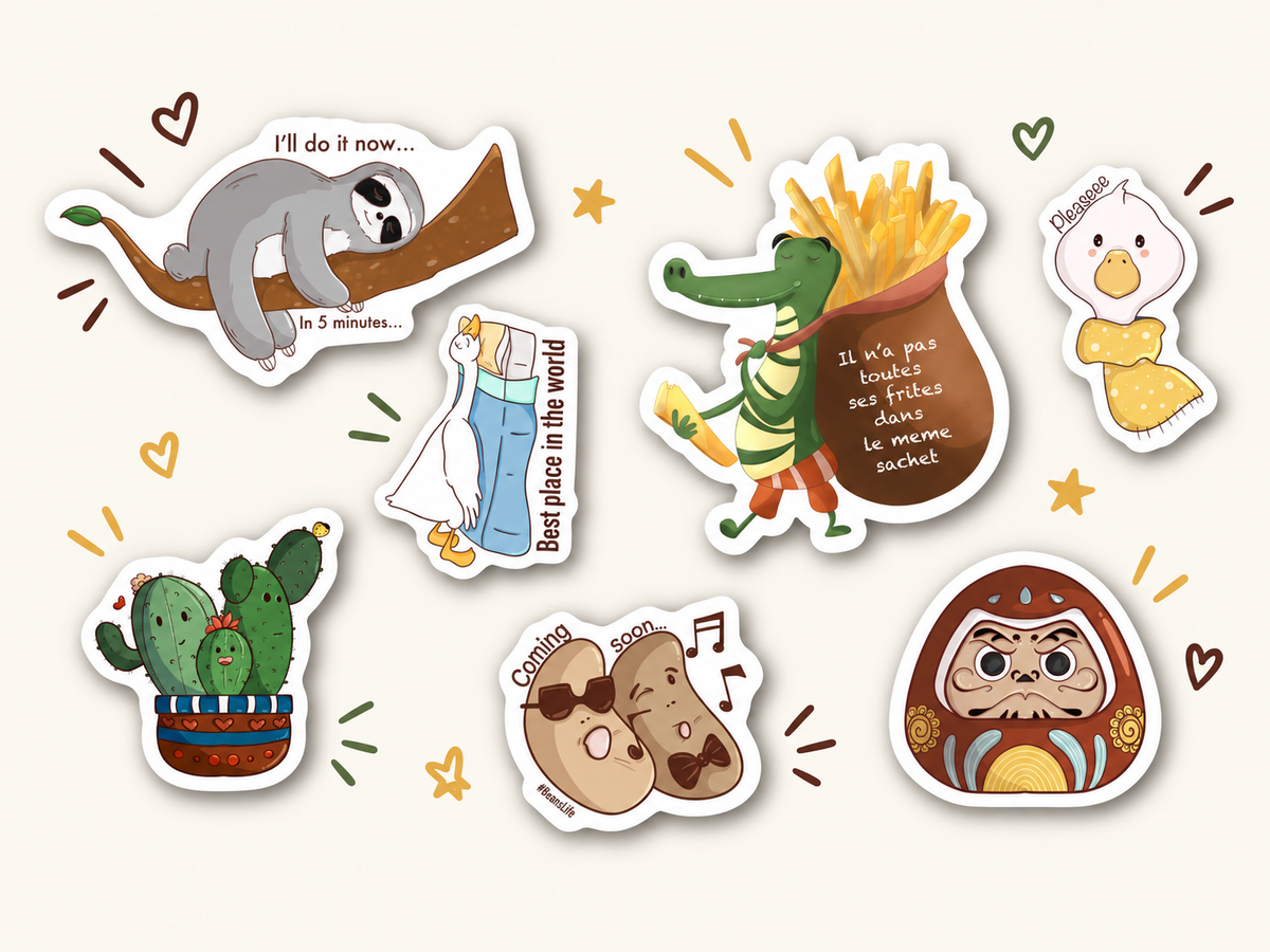 Assorted illustrated stickers featuring playful and creative designs, created by Giulia Giampaolo.