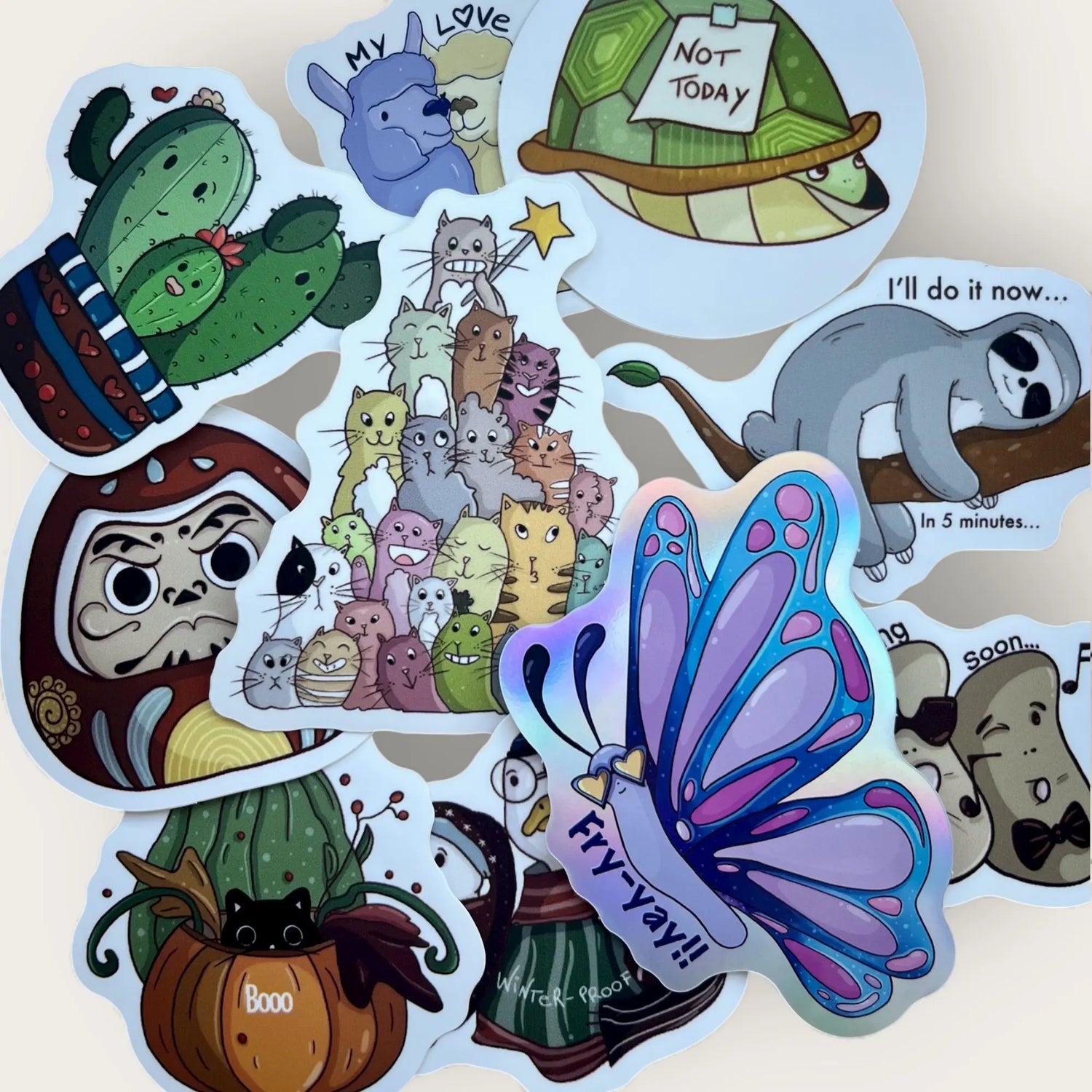 Assorted illustrated stickers featuring playful and creative designs, created by Giulia Giampaolo.