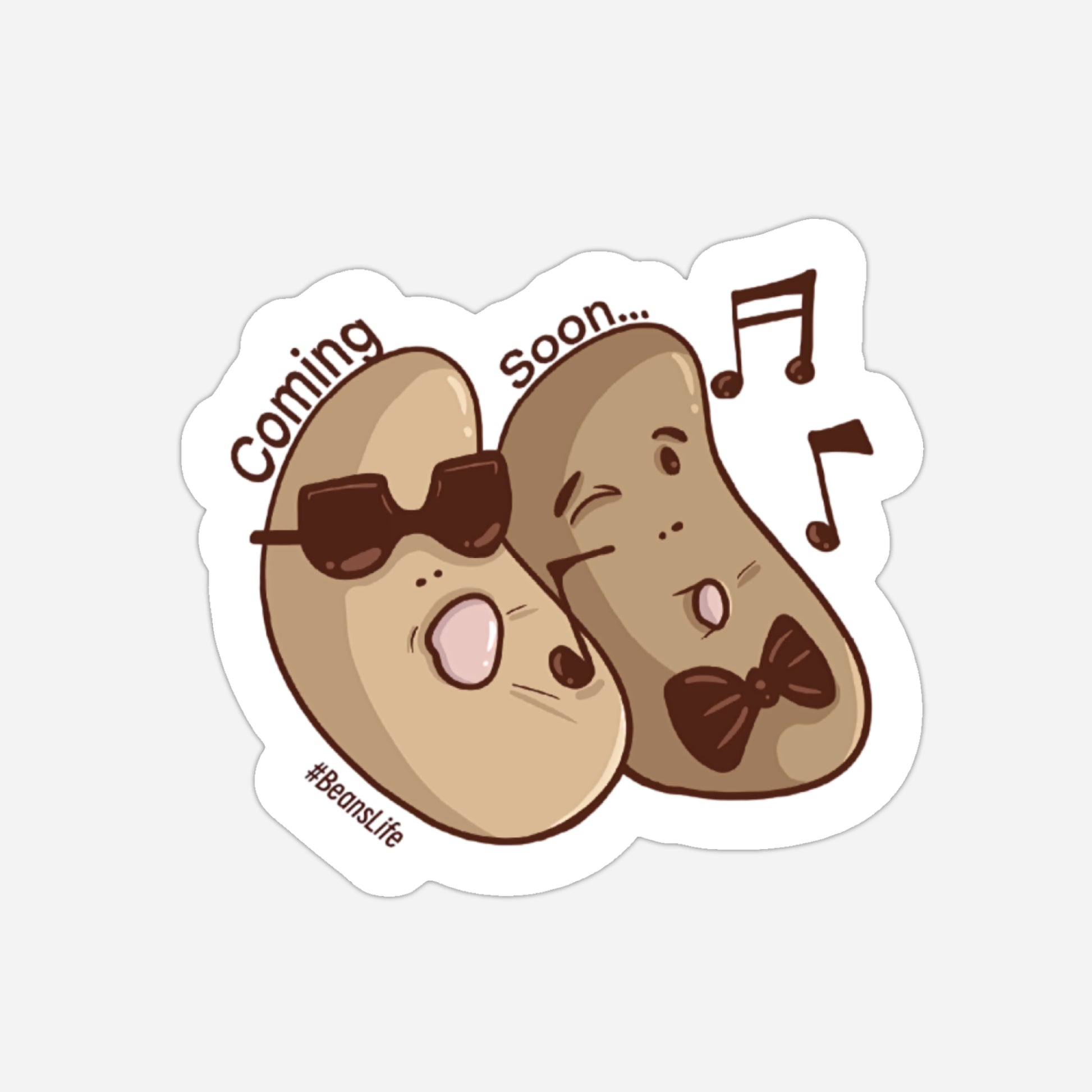Cartoon-style potato characters with musical notes and 'Coming Soon' text on a white background.