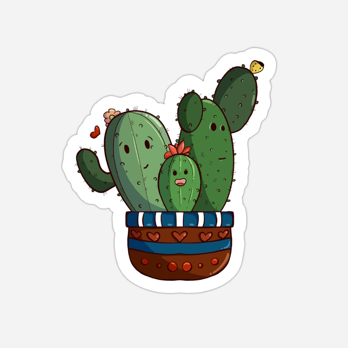 Cartoon cactus plant with a decorative pot on a white background