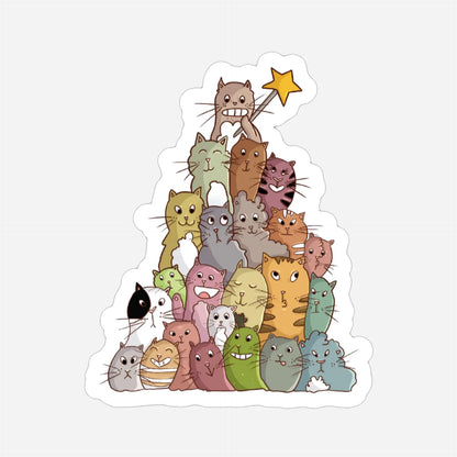 Catmas sticker featuring a group of colorful cats forming a Christmas tree with a star on top, digital illustration by Giulia Giampaolo.