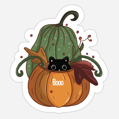Sticker of a black cat in a pumpkin with 'Boo' text, surrounded by gourds and leaves on a white background.