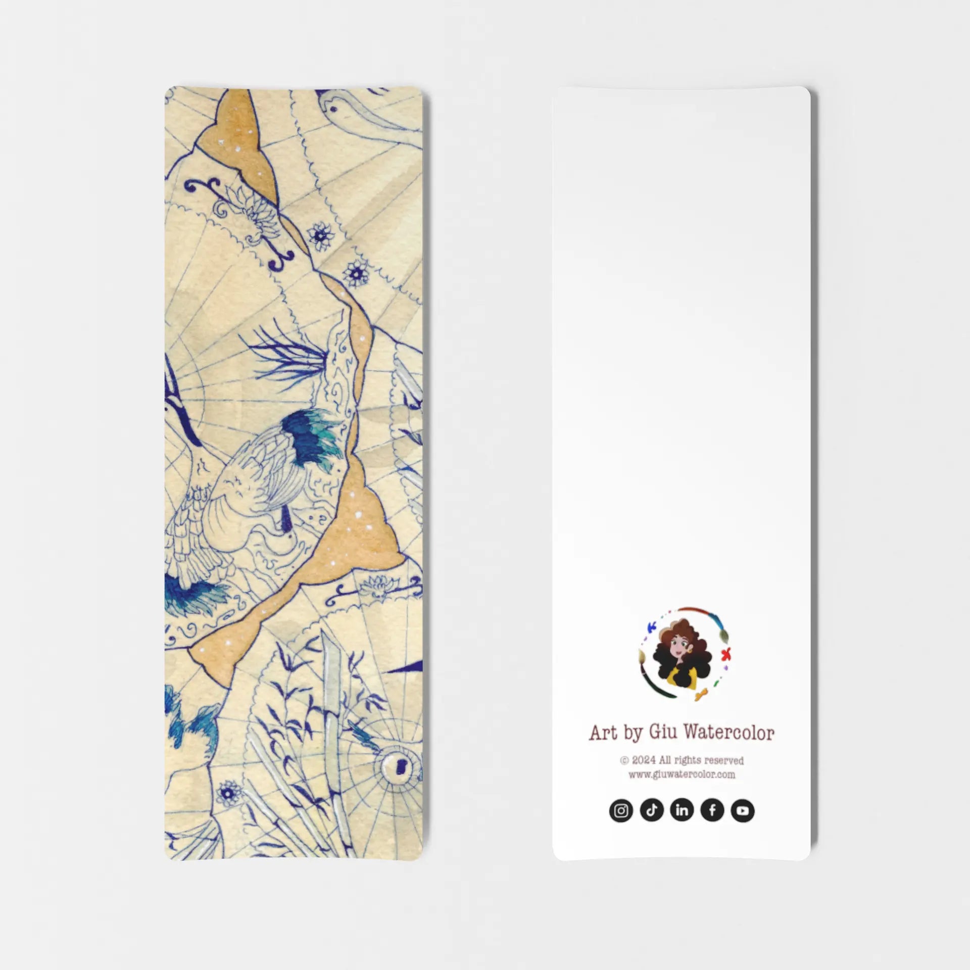 Watercolor bookmark inspired by Japanese umbrellas and cranes — refined blue and beige art by Giulia Giampaolo.