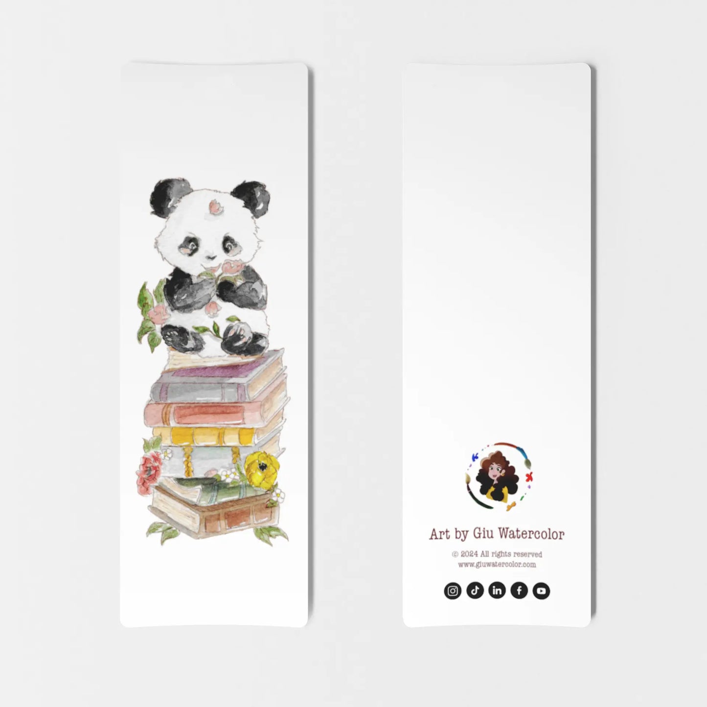 Watercolor bookmark featuring a cute panda sitting on a stack of books — illustration by Giulia Giampaolo.