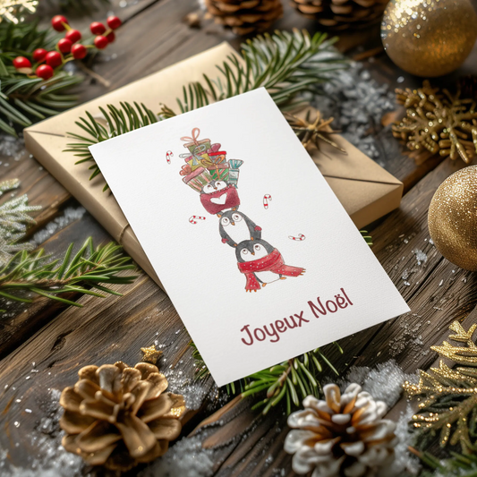 Christmas card with penguins and 'Joyeux Noel' text, surrounded by festive decorations on a wooden surface.