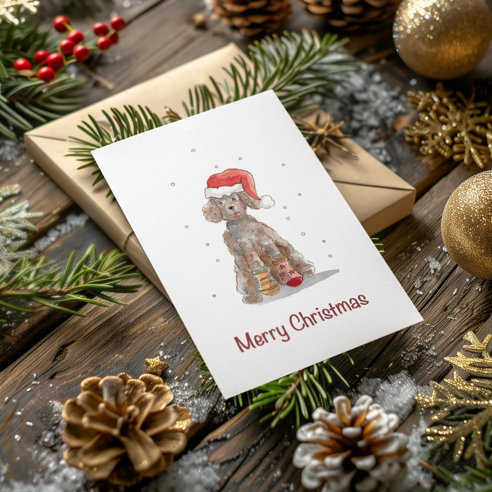 Christmas card with a dog illustration surrounded by festive decorations on a wooden surface.