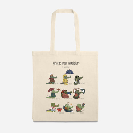llustrated cotton tote bag featuring the Belgian Crocs characters dressed for Belgian weather, designed by Giulia Giampaolo.