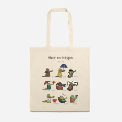 llustrated cotton tote bag featuring the Belgian Crocs characters dressed for Belgian weather, designed by Giulia Giampaolo.