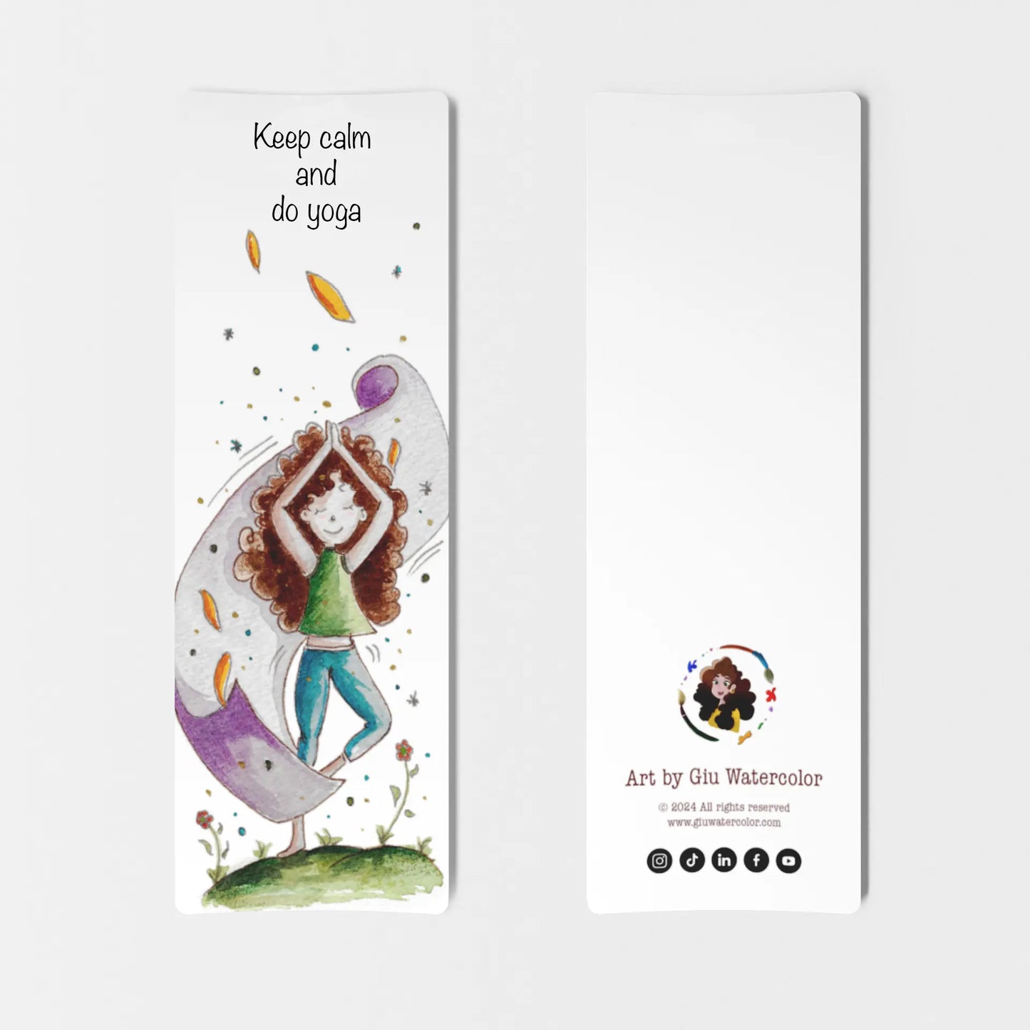 Watercolor bookmark with a girl practicing yoga on a mat — peaceful and uplifting illustration by Giulia Giampaolo.