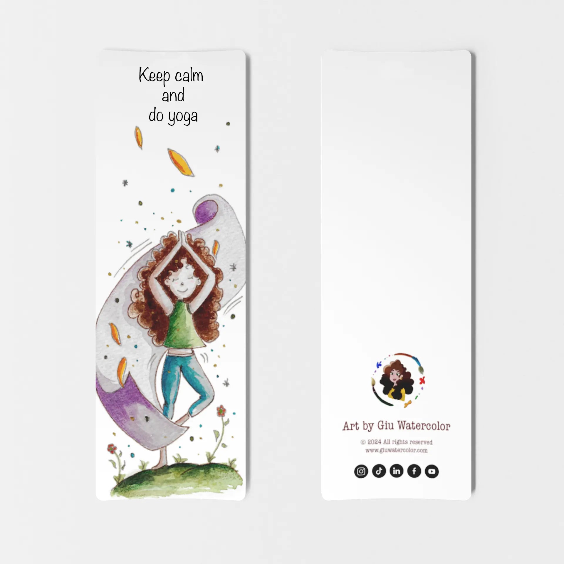 Watercolor bookmark with a girl practicing yoga on a mat — peaceful and uplifting illustration by Giulia Giampaolo.